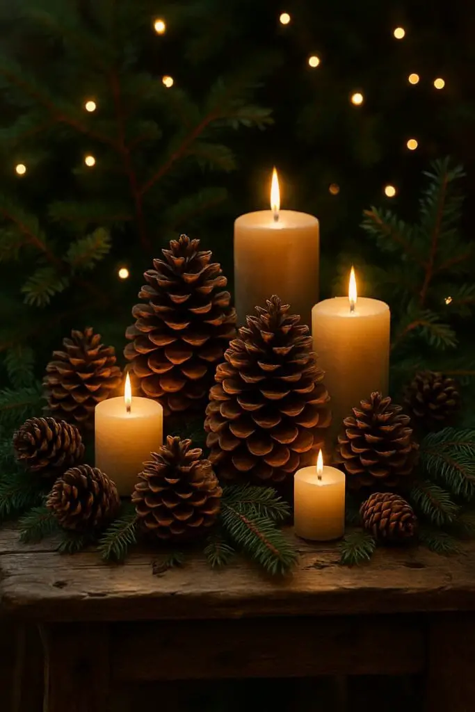 A cozy pinecone and candle display with glowing candles and pinecones on a rustic wooden table.
