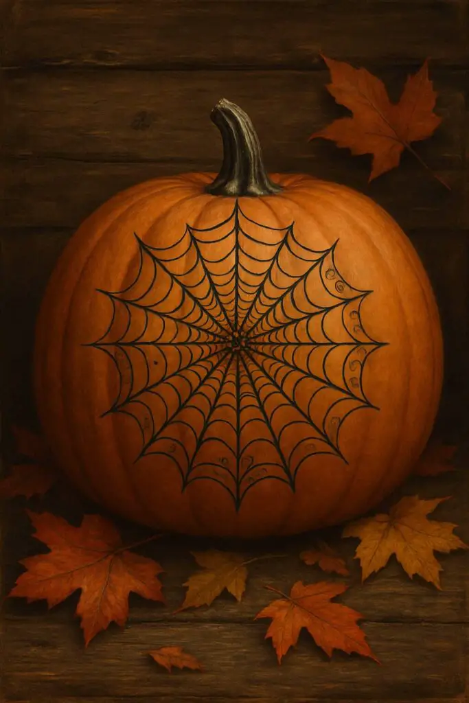 A pumpkin painted with a spider web design, surrounded by autumn leaves.
