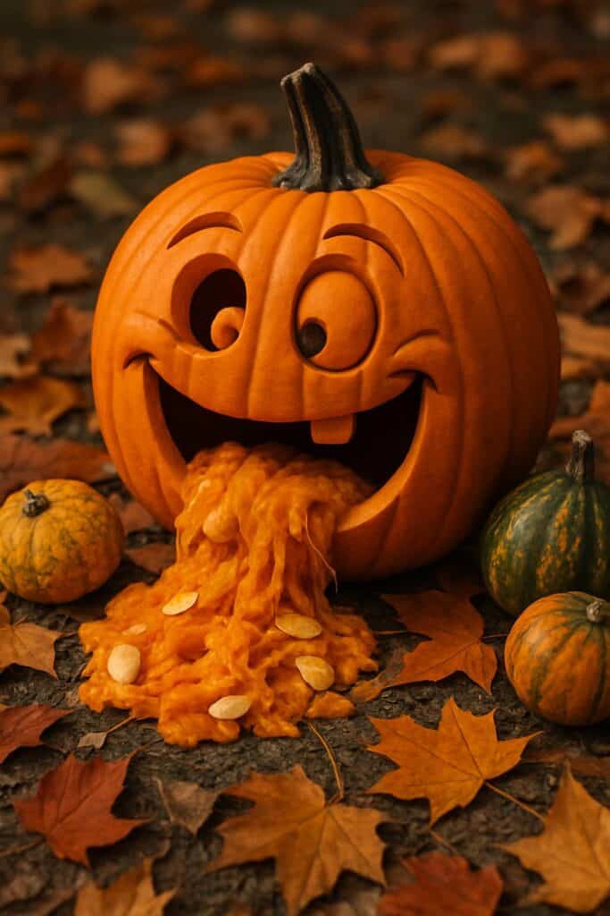 A goofy pumpkin with a big smile, losing its guts, surrounded by smaller pumpkins and autumn leaves.