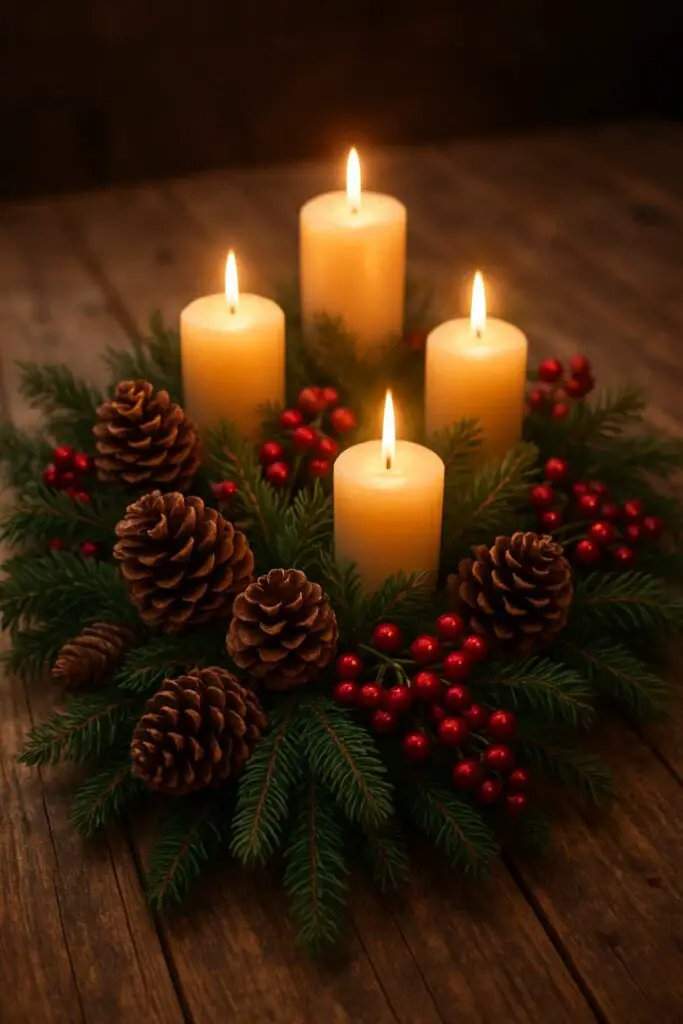 A natural table centerpiece featuring candles, pinecones, and red berries on a wooden table.