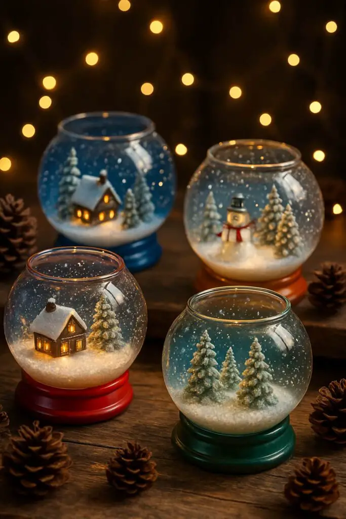 Four glass fishbowl snow globes with winter scenes inside, including a snowman and houses, set against a backdrop of warm lights.