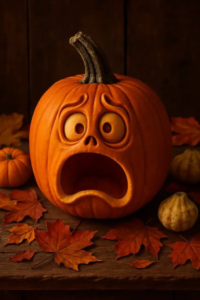 A carved pumpkin with a scared expression, featuring a wide-open mouth and wide eyes, surrounded by autumn leaves.