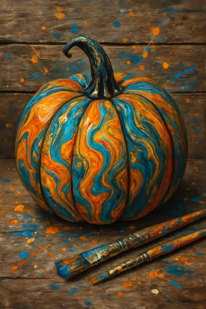 A pumpkin painted with abstract swirls of orange and blue, with paintbrushes beside it.