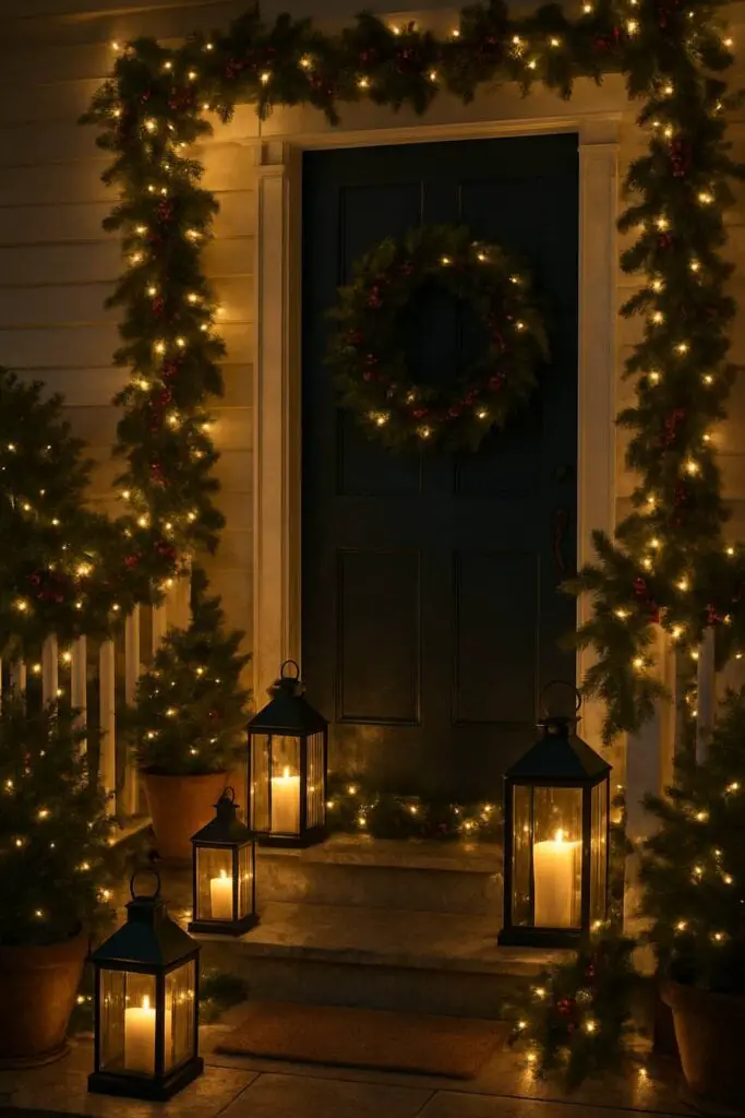 A beautifully decorated front porch with Christmas lanterns, greenery, and warm lights.