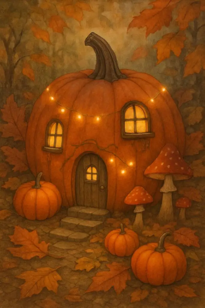 A cozy pumpkin fairy house with windows, a door, and fairy lights, surrounded by autumn leaves and mushrooms.