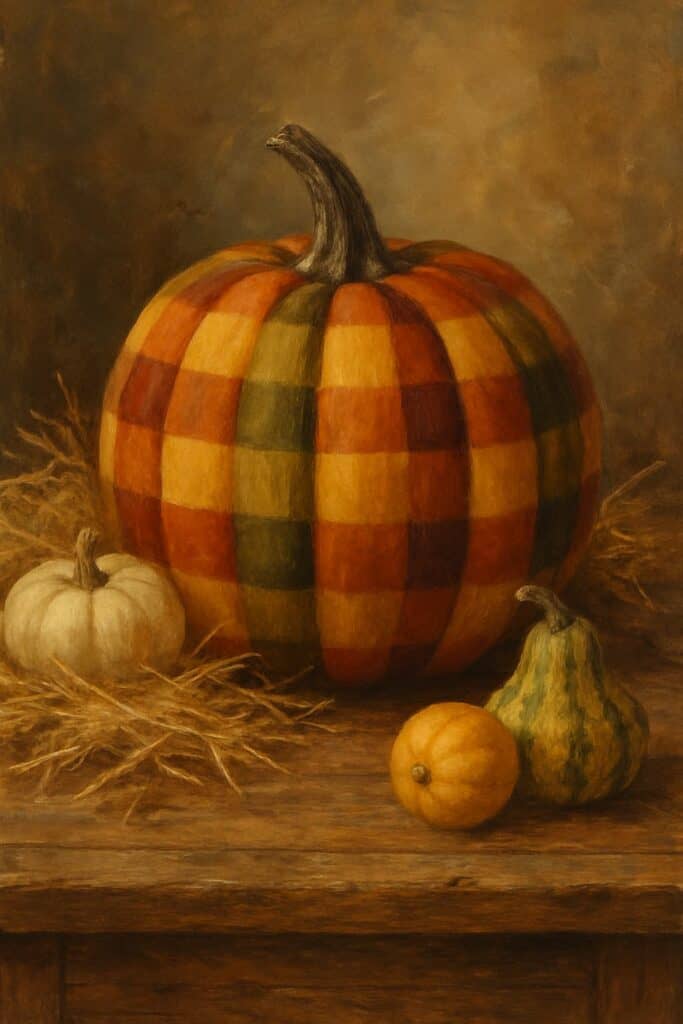 A pumpkin painted with a plaid pattern in orange, yellow, and green, surrounded by smaller pumpkins and hay.