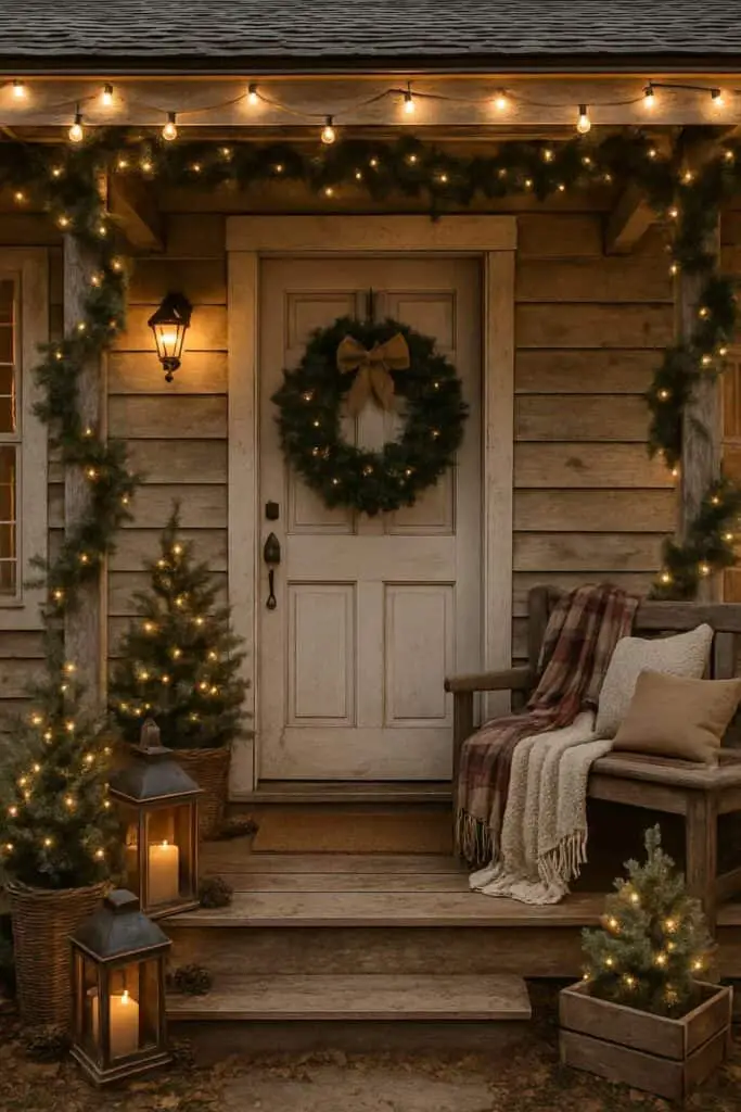 A cozy front porch decorated for Christmas with a wreath, string lights, evergreen trees, and lanterns.