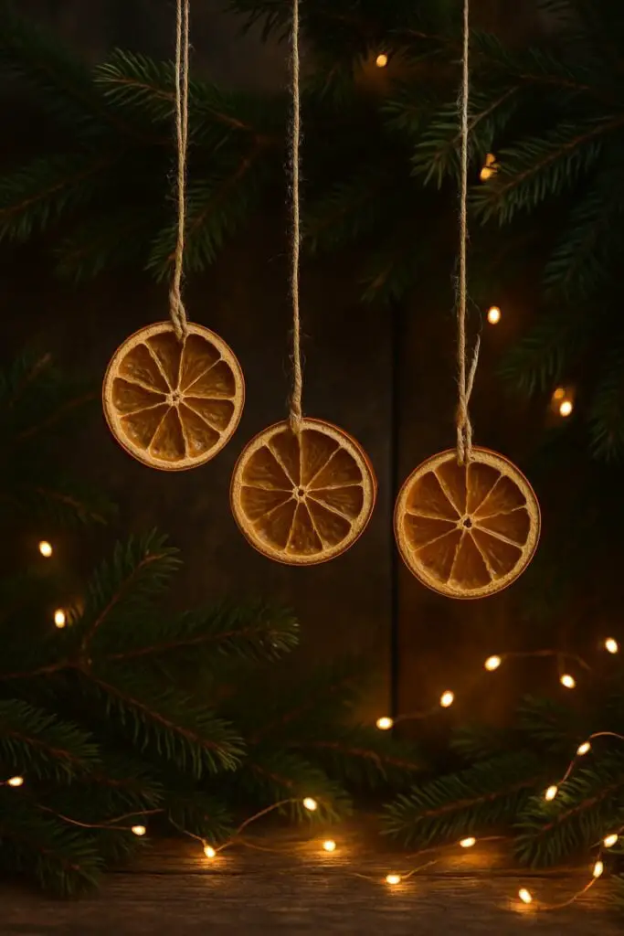 Dried orange slices hanging on twine with evergreen branches and fairy lights in the background.