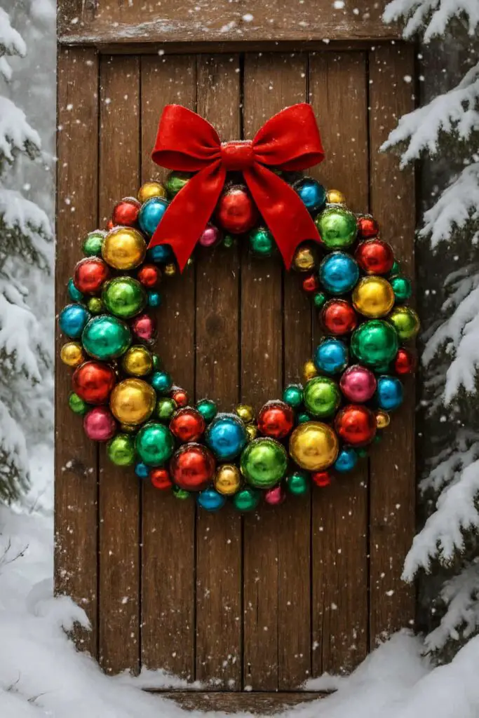 A colorful ornament wreath with a red bow hanging on a wooden door, surrounded by snow.