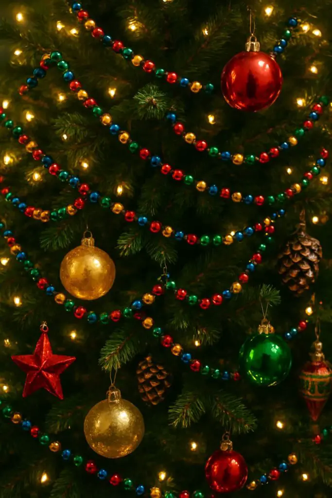 Colorful beaded garlands draped on a Christmas tree with ornaments.