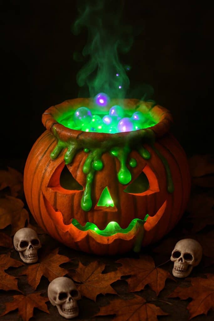 A carved pumpkin shaped like a cauldron, glowing green with bubbles and surrounded by skulls and leaves.