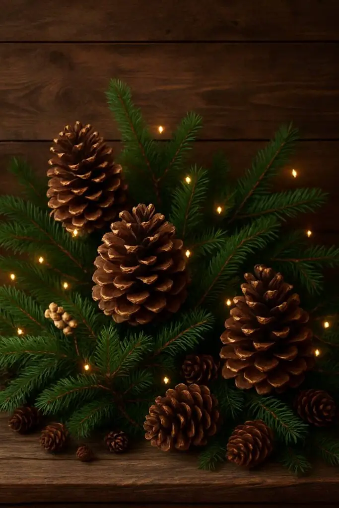 An arrangement of pinecones and greenery with fairy lights on a wooden surface.