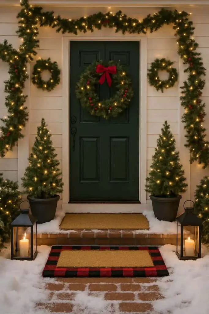 A front porch decorated for Christmas with layered doormats, greenery, and lights.