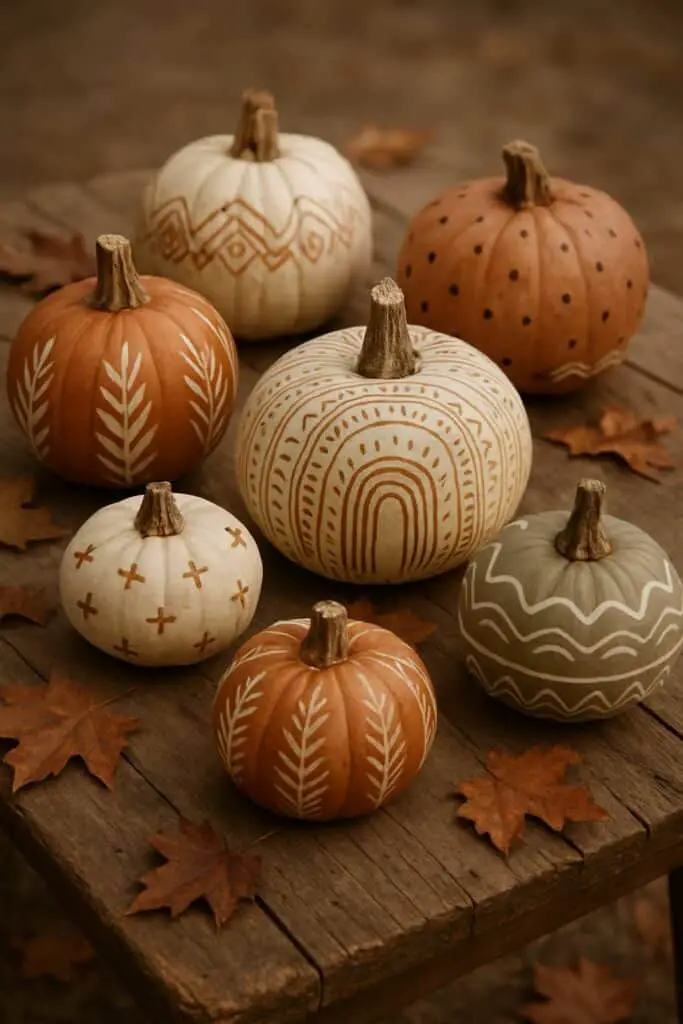 A collection of painted pumpkins with boho designs on a wooden table surrounded by autumn leaves.