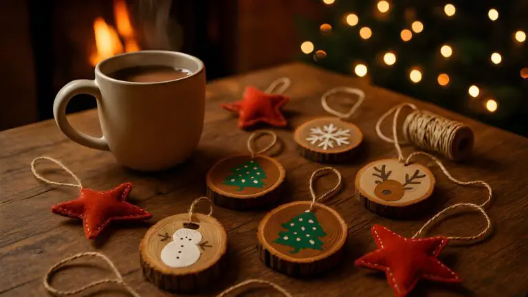 A beautiful flat lay of easy and cheap DIY Christmas decorations, including painted wood slices and handmade ornaments on a rustic table - DIY Christmas Decorations