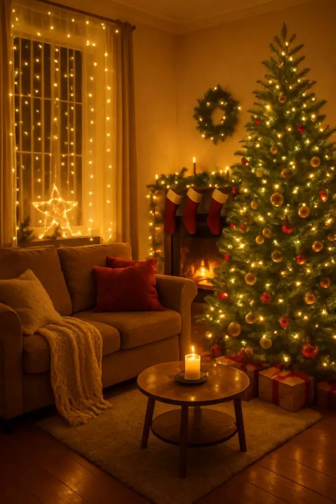 A cozy living room decorated for Christmas with twinkle lights, a Christmas tree, and stockings.