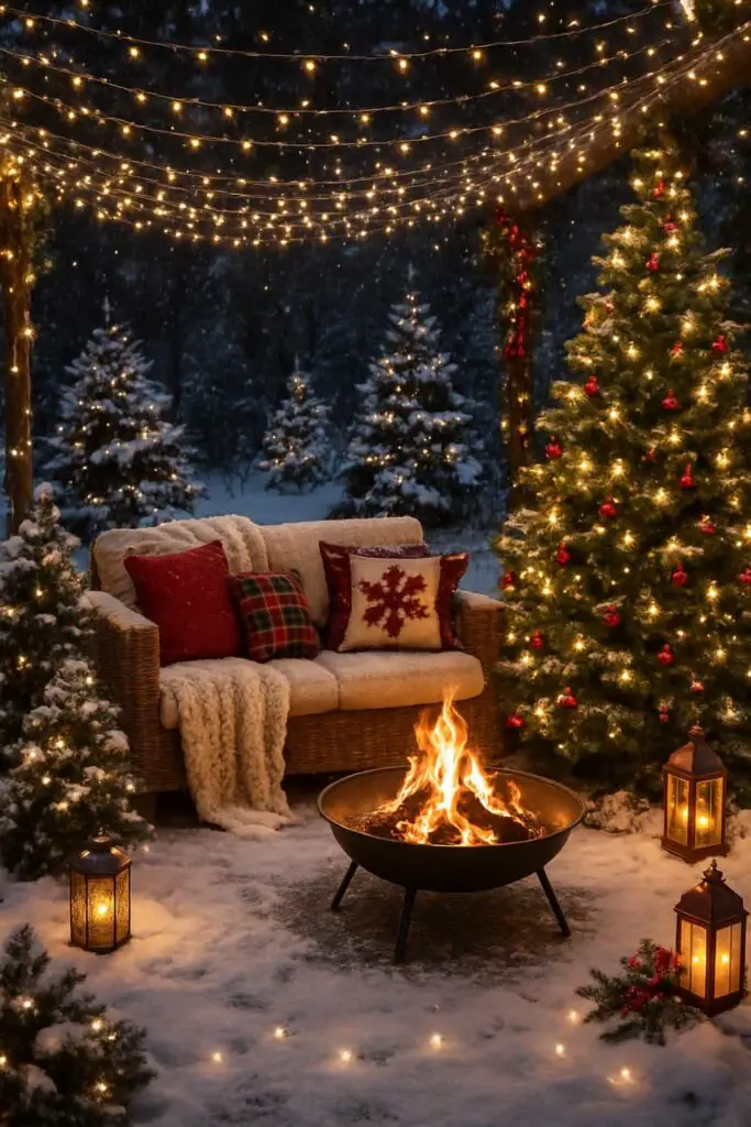 Cozy outdoor Christmas setup with lights, a central fire, and decorated trees.