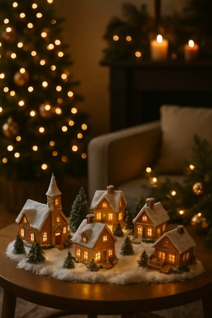 A charming miniature Christmas village with lit houses and trees, set against a softly glowing background.
