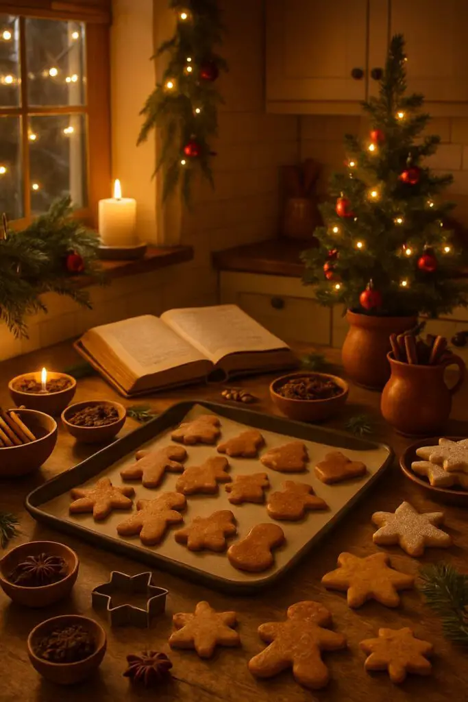 A batch of freshly baked Christmas cookies cooling on a tin, capturing the cozy aesthetic of holiday baking.