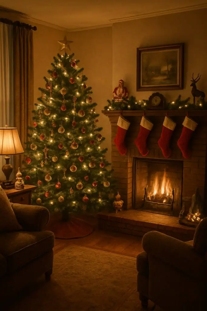 A cozy living room with a decorated Christmas tree, stockings on the fireplace, and a warm glow from the fire.
