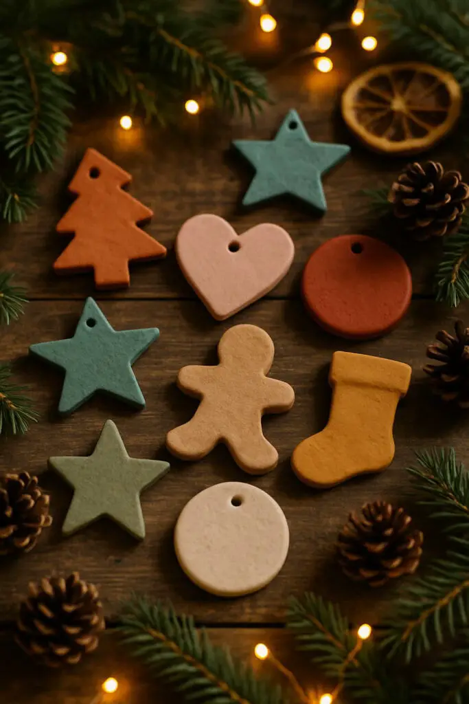 Colorful clay ornaments in various shapes including stars, hearts, and Christmas trees, arranged on a wooden surface with pinecones and greenery.