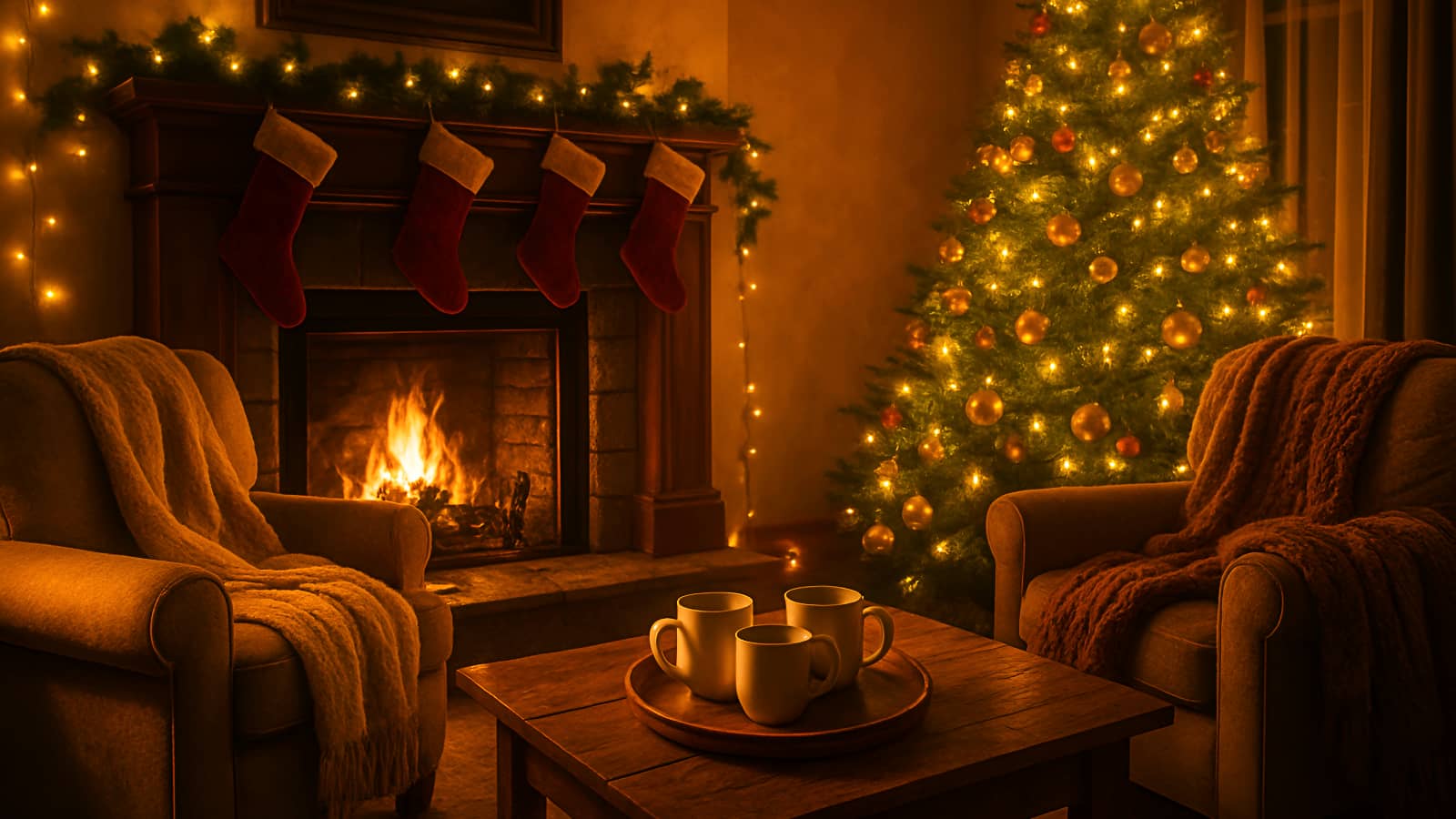 A cozy living room embodying the perfect Christmas aesthetic, with a decorated tree, warm fireplace, and mugs of hot cocoa.