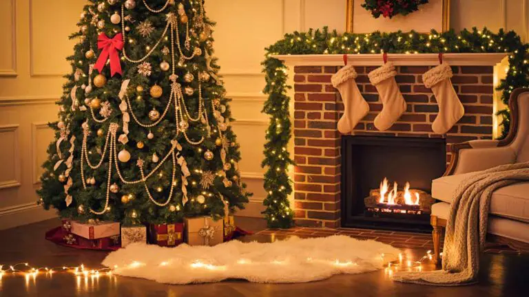 A cozy, festive scene that embodies great Christmas Decor Ideas for the Living Room, complete with a decorated tree and classic fireplace.