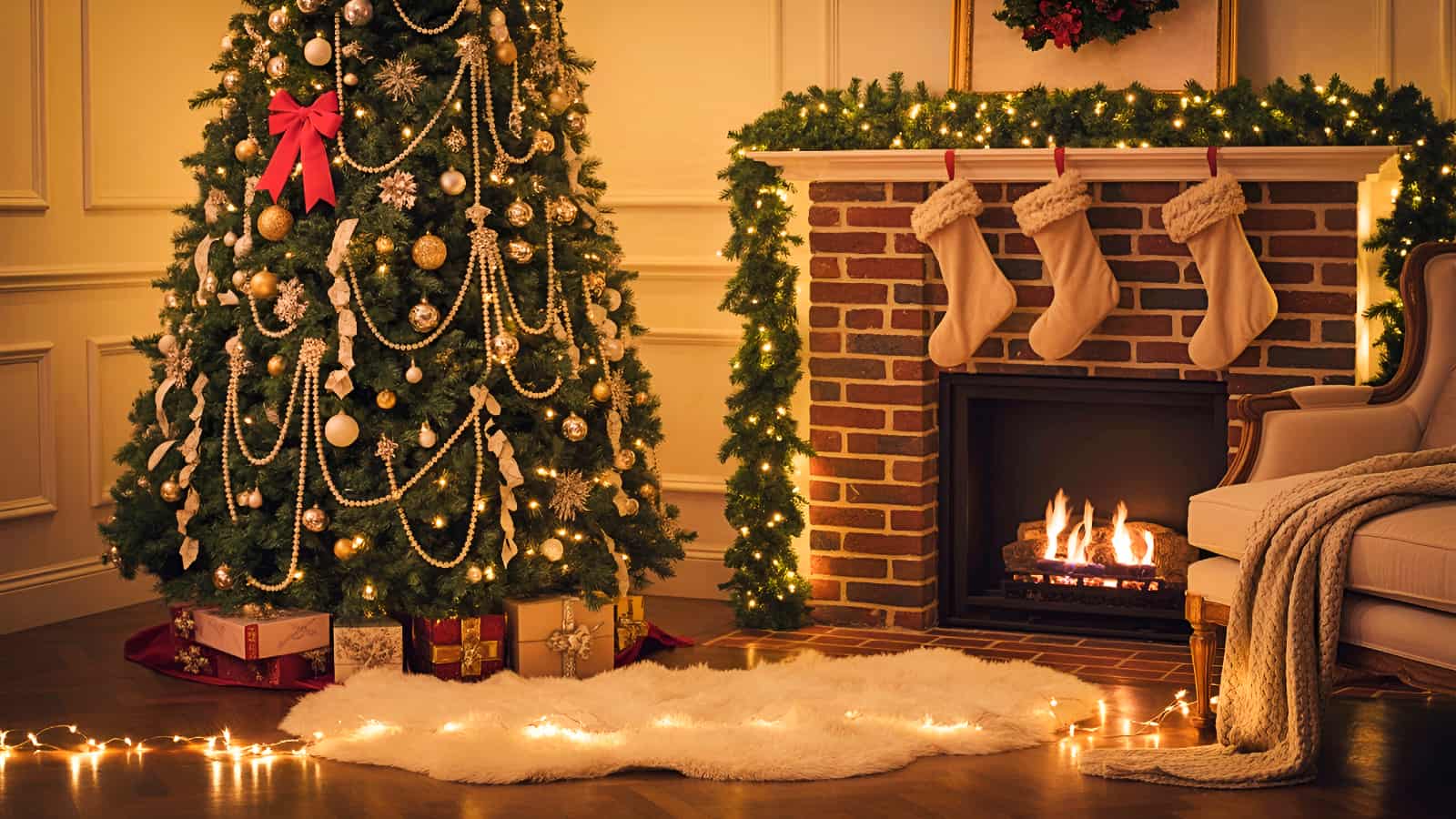 A cozy, festive scene that embodies great Christmas Decor Ideas for the Living Room, complete with a decorated tree and classic fireplace.