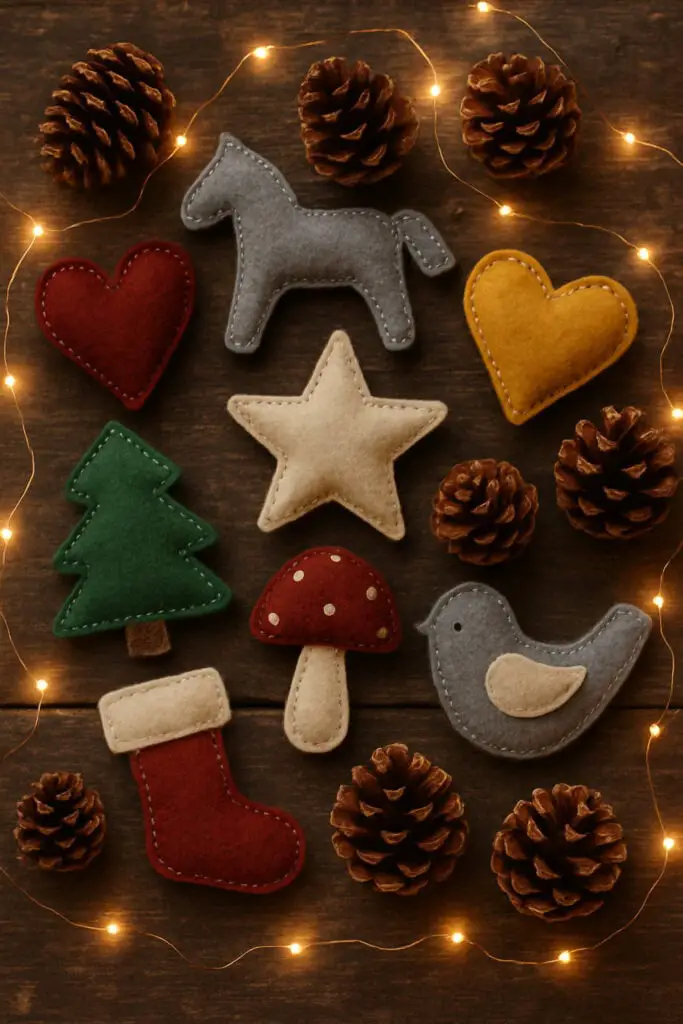 A collection of cozy felt and fabric ornaments including a horse, heart, tree, star, mushroom, bird, and stocking, surrounded by pinecones and fairy lights.