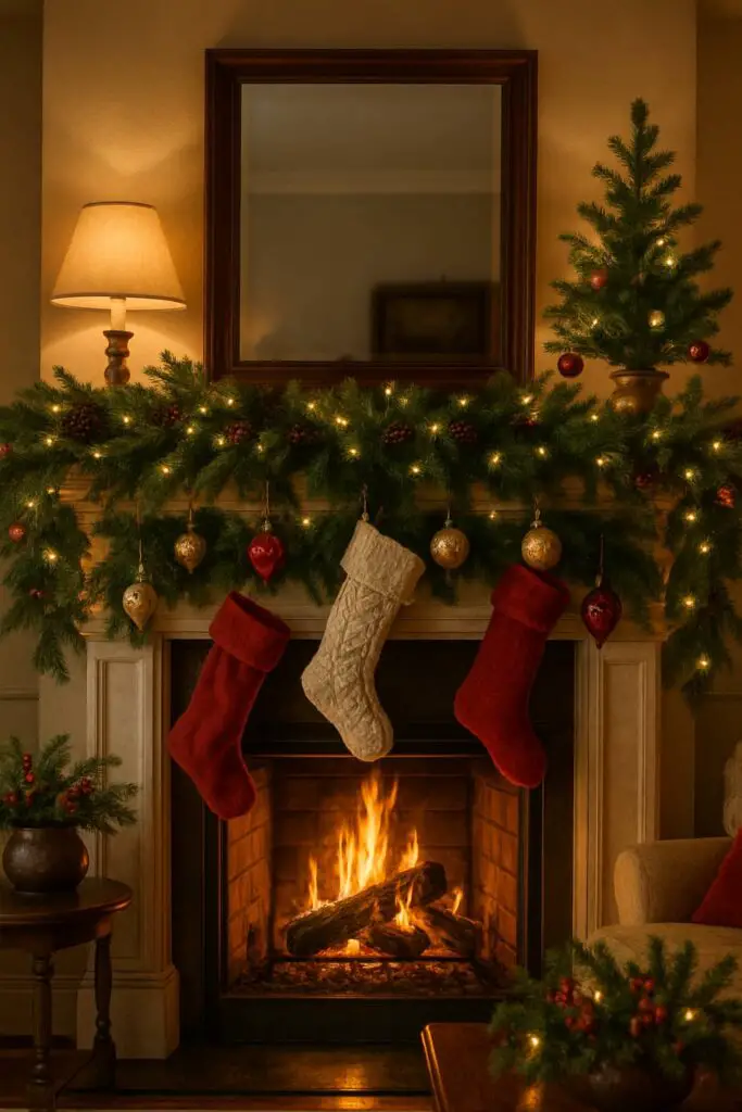 A cozy Christmas mantel display featuring stockings, garland, and a small tree