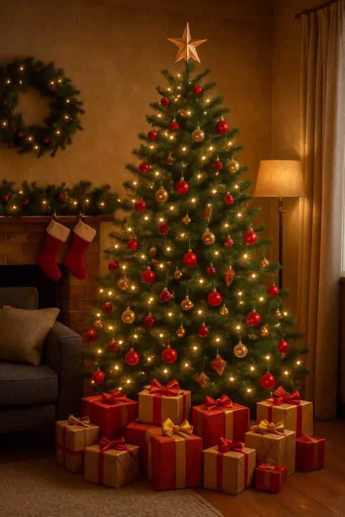A beautifully decorated Christmas tree with red and gold ornaments, surrounded by wrapped gifts in a cozy living room.