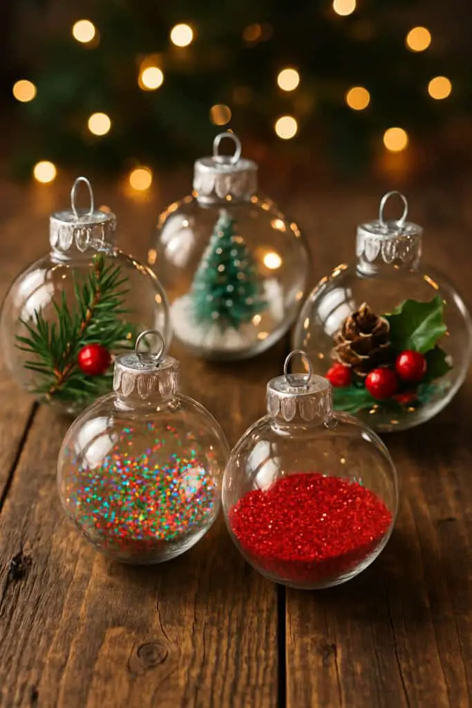 Clear ball ornaments filled with decorations like glitter, pine branches, and a small tree.