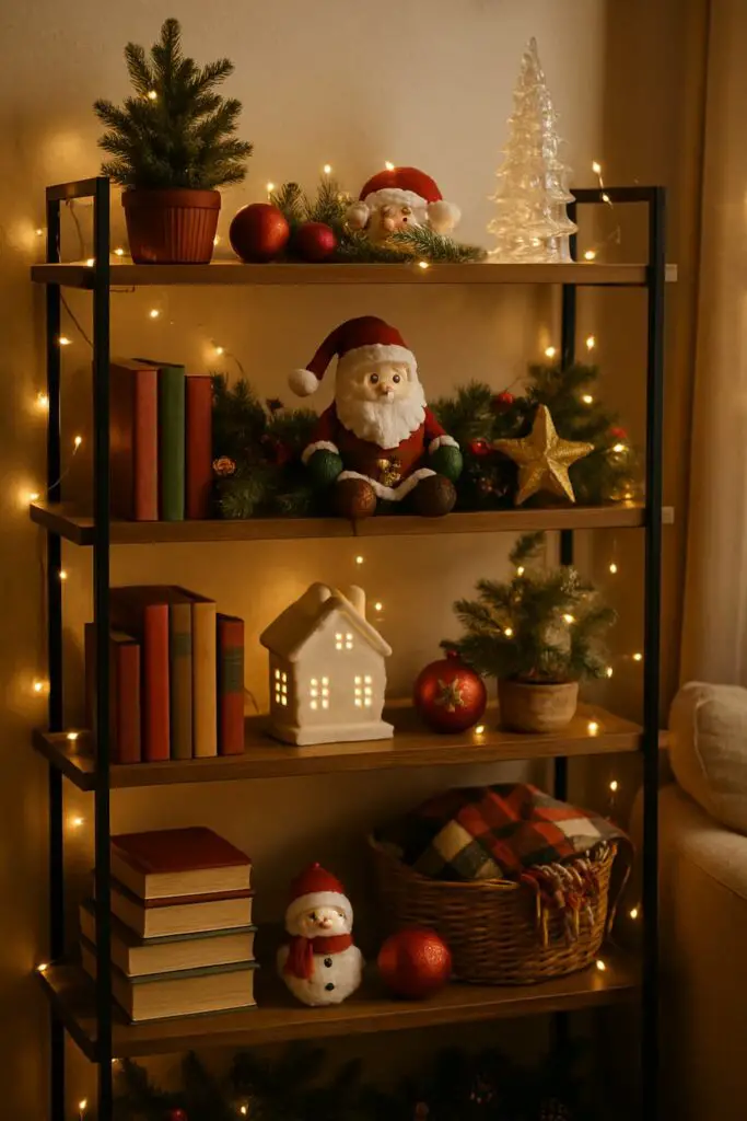 A beautifully decorated shelving unit for Christmas with Santa figurines, ornaments, books, and fairy lights.