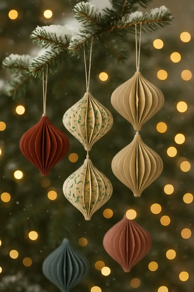 Delicate folded paper ornaments hanging from a snowy tree branch with warm lights in the background.