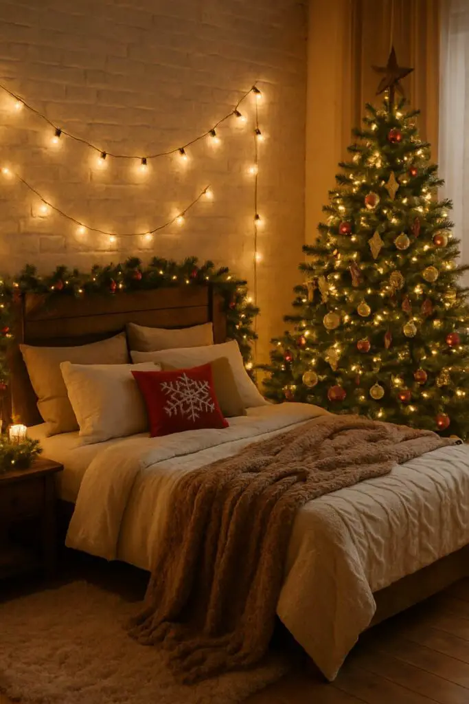 A cozy Christmas bedroom with a decorated tree, soft bedding, and warm lights.
