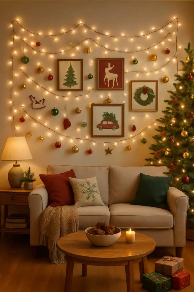 A cozy living room with a festive feature wall decorated with lights, ornaments, and holiday-themed artwork.