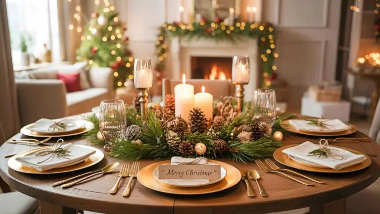 A festive holiday table set with elegant DIY Christmas table decorations, including rustic greenery, warm candles, and gold accents.