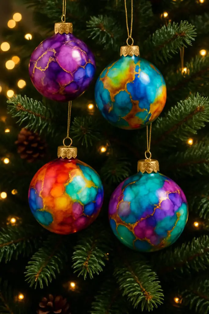 Colorful alcohol ink ornaments hanging on a Christmas tree