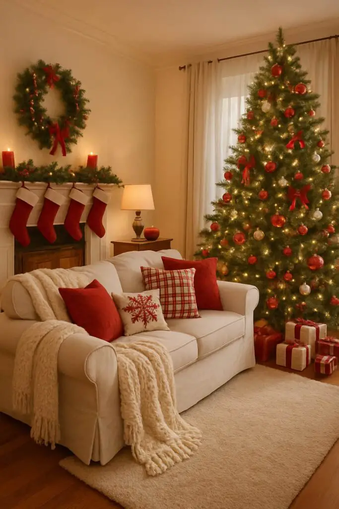 A cozy living room decorated for Christmas with a red and white color scheme, featuring a Christmas tree, stockings, and festive pillows.
