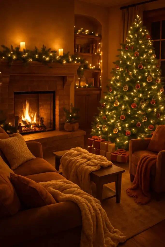 A cozy living room decorated for Christmas with a fireplace, Christmas tree, and soft blankets.