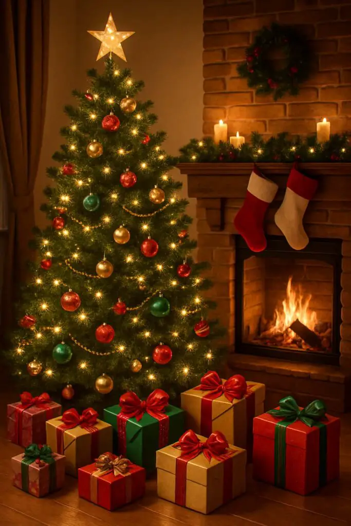 A beautifully decorated Christmas tree with colorful ornaments, a star on top, surrounded by wrapped gifts and a cozy fireplace.
