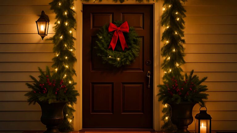 A beautifully decorated Christmas front porch with evergreen garlands, a red-bowed wreath, twinkling lights, and festive planters - Front Porch Christmas Decor