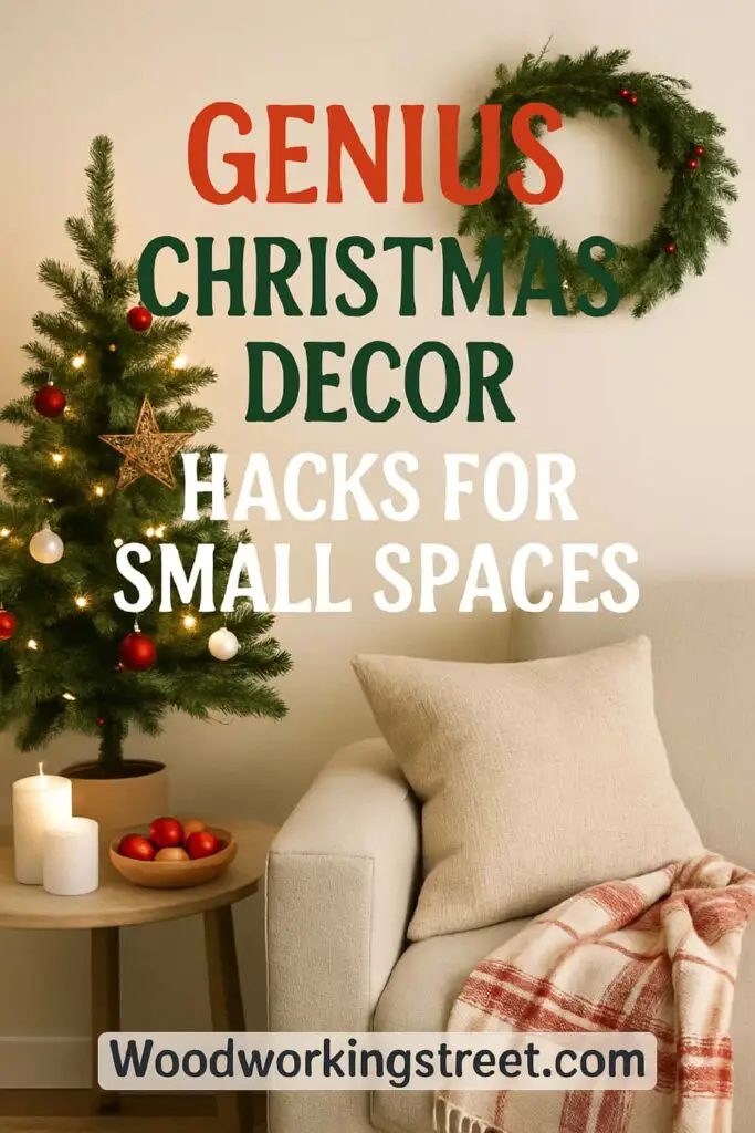 Pin image with overlay "Genius Christmas Decor Hacks for Small Spaces".