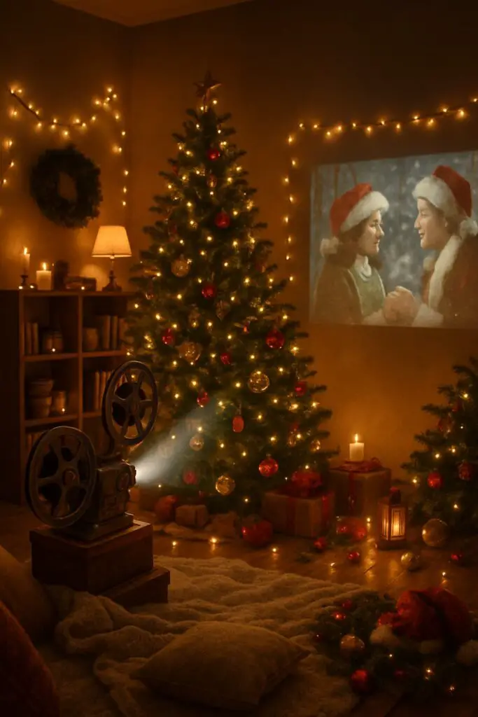 Cozy Christmas scene with a decorated tree, vintage projector, and warm lighting.