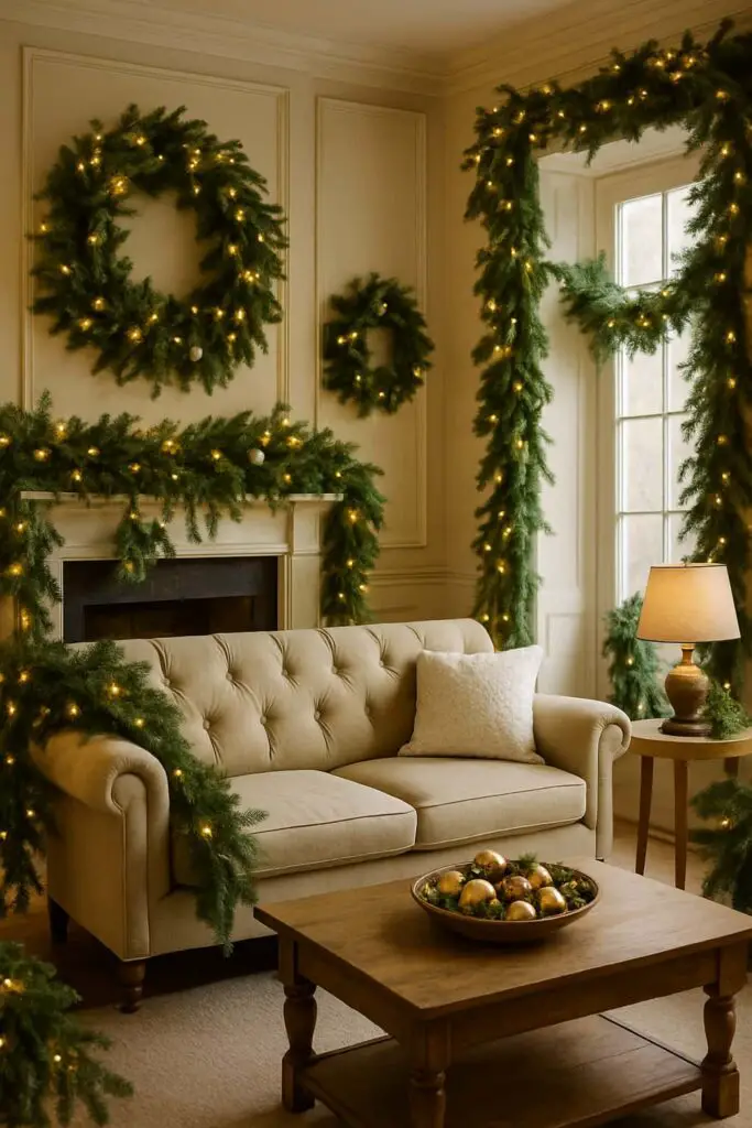 A cozy living room decorated with wreaths and garlands, featuring a beige sofa, wooden coffee table, and warm lighting.