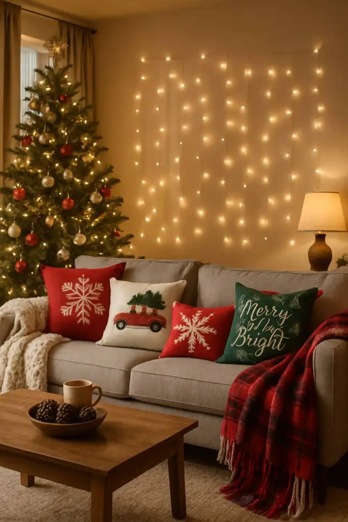 Cozy living room decorated for Christmas with festive pillows, a throw blanket, and a Christmas tree.