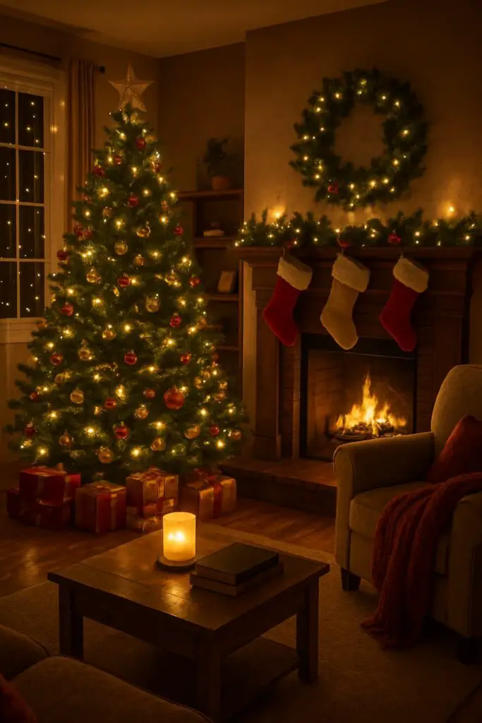 Cozy living room decorated for Christmas with a tree, stockings, and a fireplace.