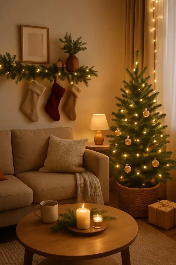 Cozy small living room decorated for Christmas with a tree, stockings, and candles.
