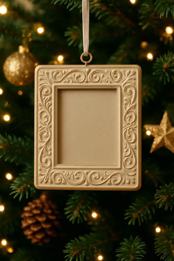 An ornate picture frame ornament hanging on a Christmas tree
