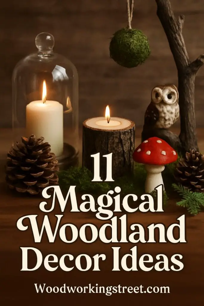 Pin image with overlay '11 Magical Woodland Decor Ideas'.